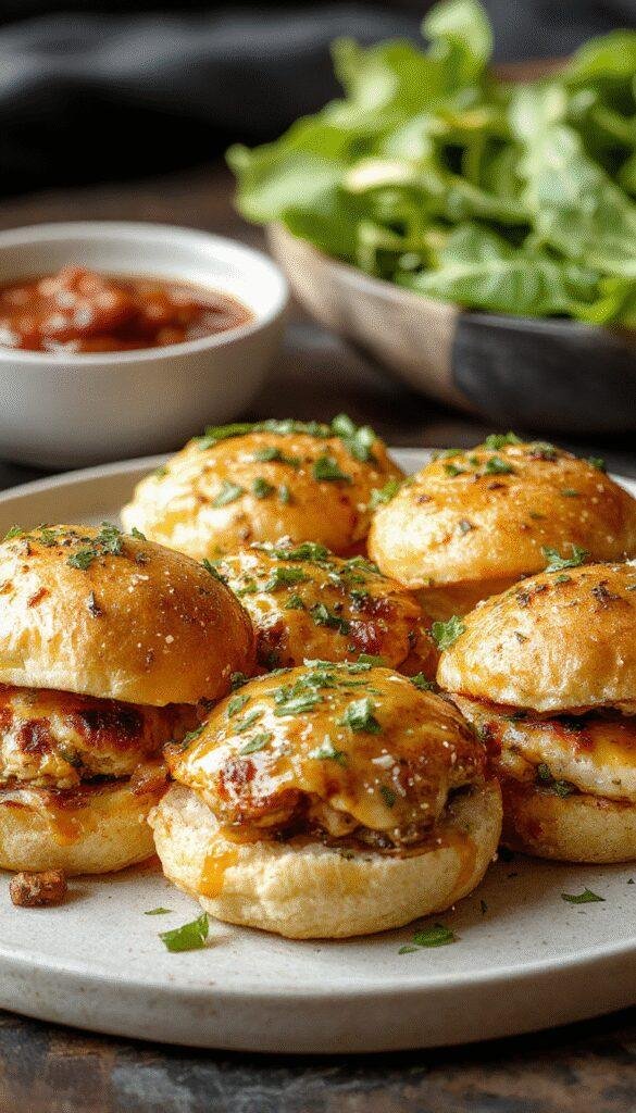 Close-up of small chicken slider bites topped with spicy sauce and fresh herbs on a serving tray.