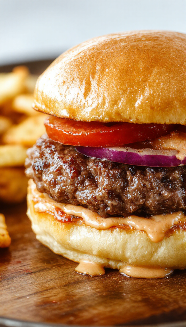 Juicy explosive flavor burger topped with melted cheese, fresh veggies, and spicy sauce, served in a toasted bun