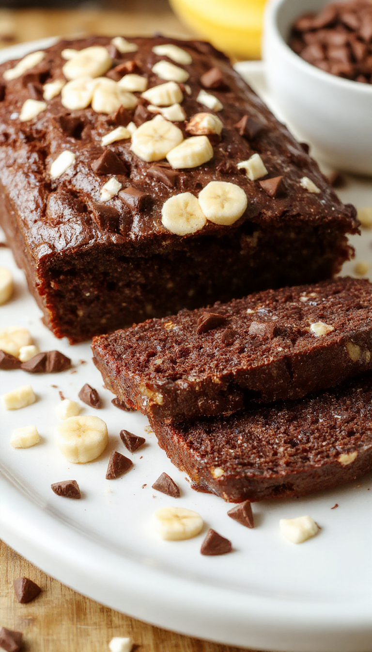 A sliced festive chocolate espresso banana bread garnished with chocolate shavings and fresh bananas, placed on a decorative plate for celebration.
