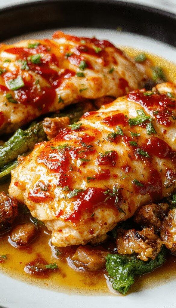 A vibrant plate of Fiery Feta Chicken featuring juicy chicken breasts topped with melted feta cheese, surrounded by colorful peppers and herbs, with a spicy glaze drizzle.