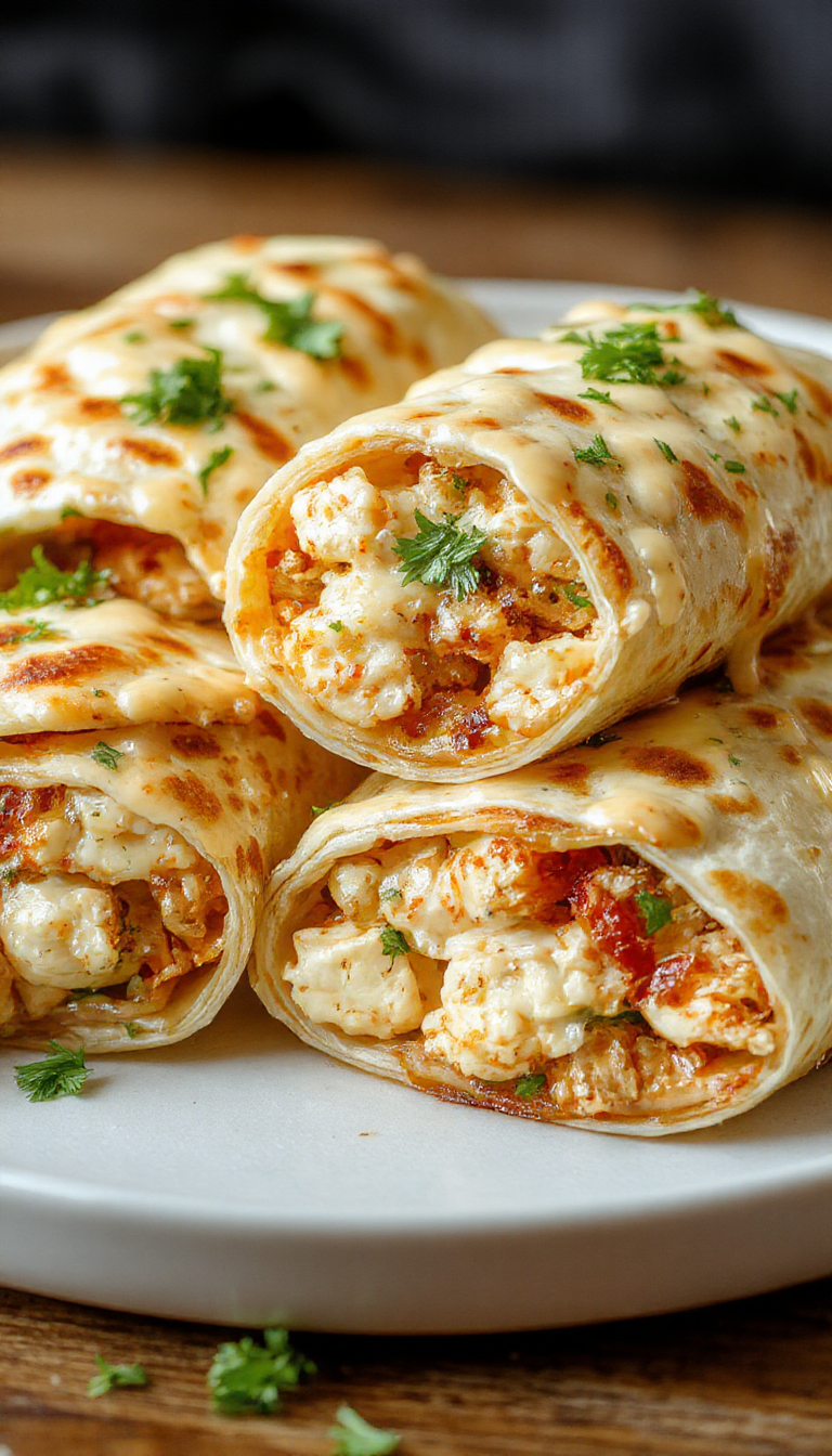 Delicious cheesy garlic chicken wraps showcasing crispy golden-brown exterior, melted cheese, and fresh greens inside a soft tortilla.