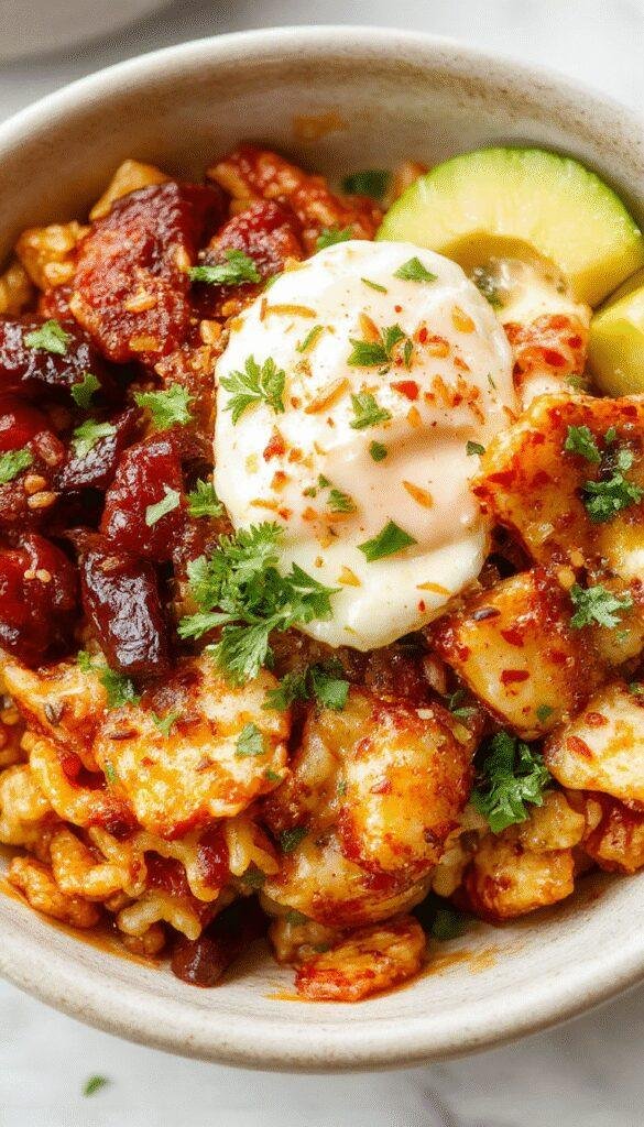Colorful taco rice bowl topped with fresh lettuce, diced tomatoes, shredded cheese, and a dollop of sour cream, served on a vibrant plate.