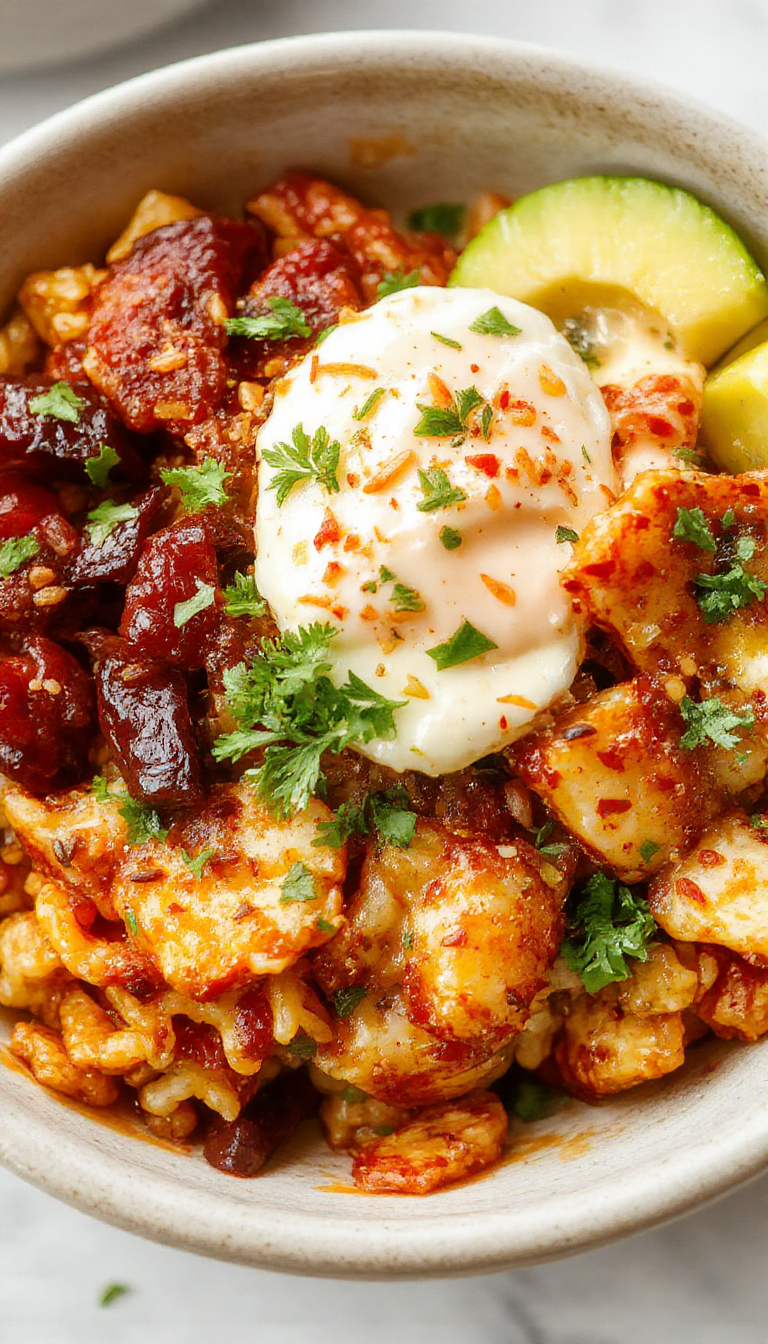 Colorful taco rice bowl topped with fresh lettuce, diced tomatoes, shredded cheese, and a dollop of sour cream, served on a vibrant plate.