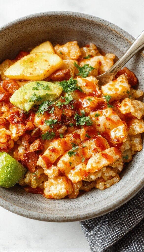 A vibrant bowl filled with colorful ingredients like seasoned rice, grilled chicken, fresh vegetables, and toppings, representing a Flavorful Fiesta Rice Bowl.