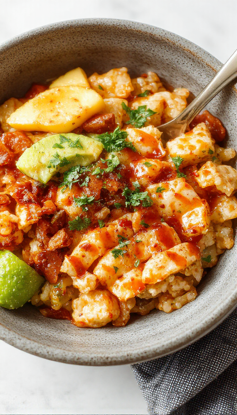 A vibrant bowl filled with colorful ingredients like seasoned rice, grilled chicken, fresh vegetables, and toppings, representing a Flavorful Fiesta Rice Bowl.