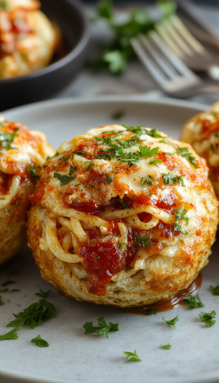 Baked garlic bread boats filled with savory spaghetti, topped with melted cheese and fresh herbs, served on a rustic wooden table.