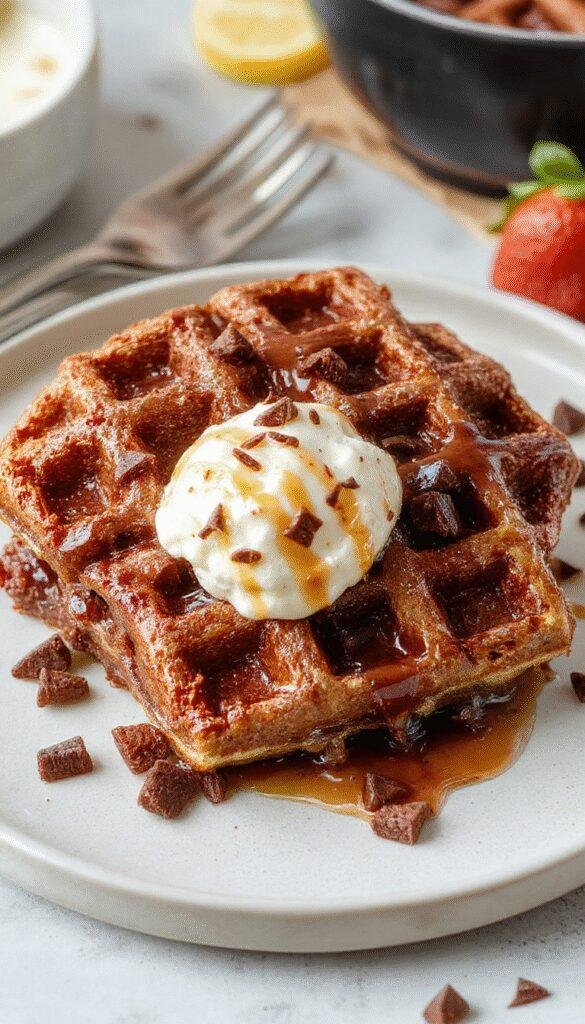 A close-up of a fudgy waffle brownie dessert, showcasing its rich, glossy chocolate surface with crispy waffle edges and a sprinkle of powdered sugar.