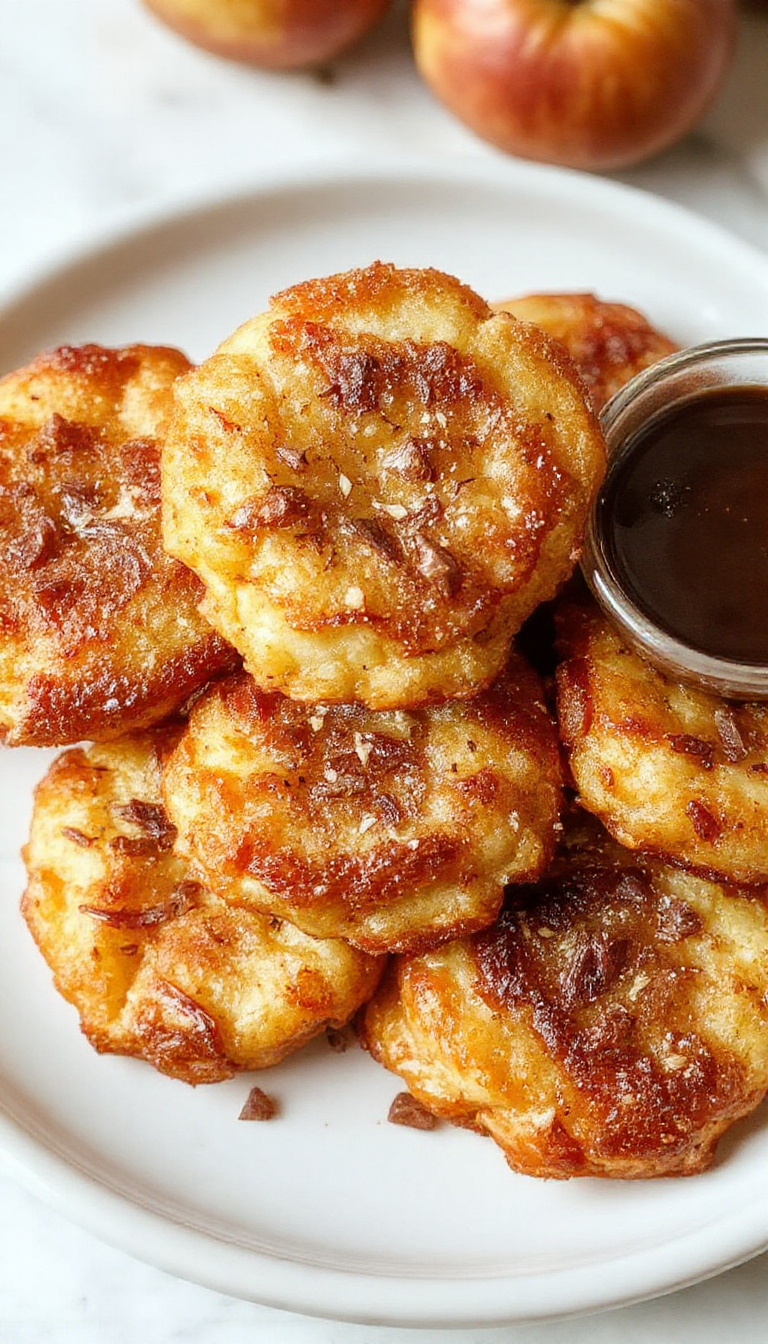 Golden Air-Fried Apple Fritters displayed on a plate, crispy on the outside with slices of fresh apples inside, garnished with a drizzle of honey and a dusting of powdered sugar.