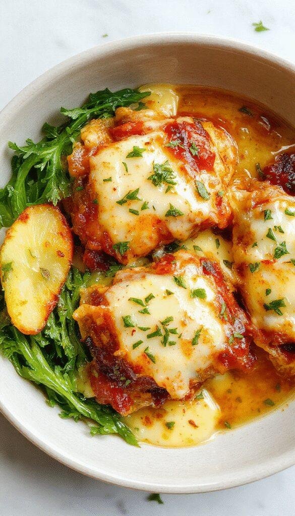 Golden baked chicken parmesan served on a plate, topped with melted cheese and fresh basil, with a side of spaghetti and marinara sauce.