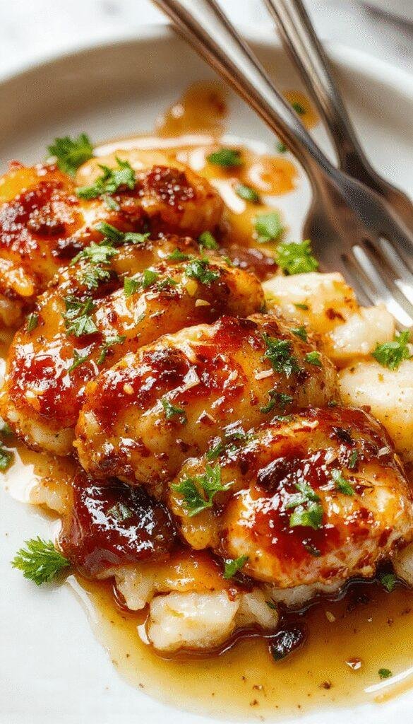 Close-up of golden caramelized chicken served over fragrant rice, garnished with fresh herbs and a splash of sauce, showcasing a garlic ginger infusion.