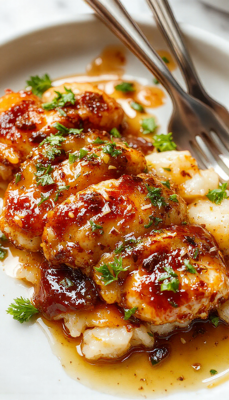 Close-up of golden caramelized chicken served over fragrant rice, garnished with fresh herbs and a splash of sauce, showcasing a garlic ginger infusion.