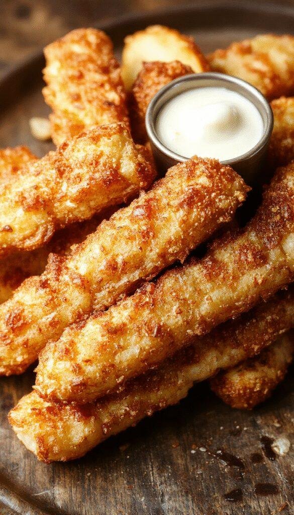 Golden crispy air-fried apple sticks sprinkled with cinnamon, served on a white plate with a dipping sauce in the background.