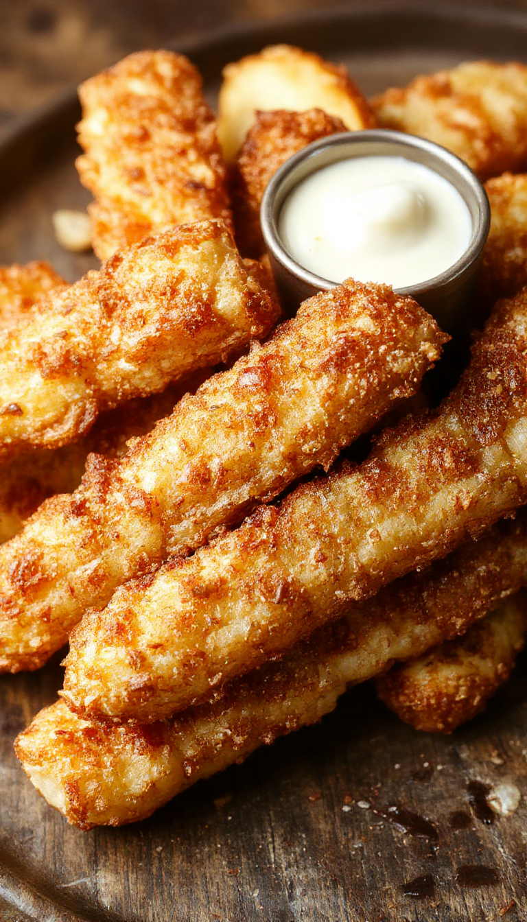 Golden crispy air-fried apple sticks sprinkled with cinnamon, served on a white plate with a dipping sauce in the background.