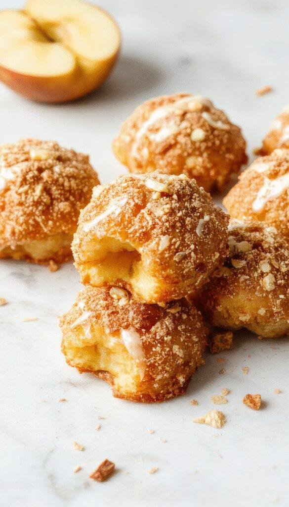 Golden crispy apple delights freshly fried in an air fryer, with a caramelized exterior and a soft, juicy apple filling inside.