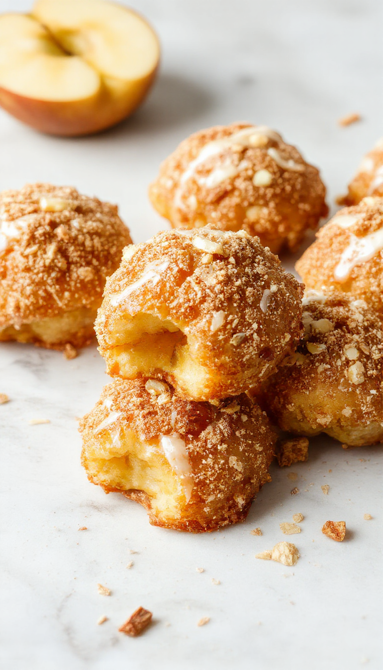 Golden crispy apple delights freshly fried in an air fryer, with a caramelized exterior and a soft, juicy apple filling inside.