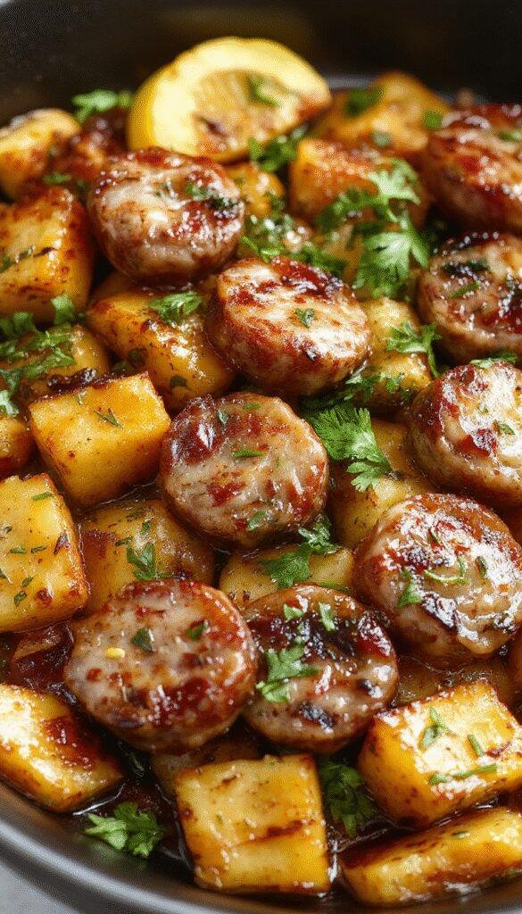 A sizzling skillet of golden honey garlic sausage served alongside roasted sweet potato chunks, garnished with fresh herbs.