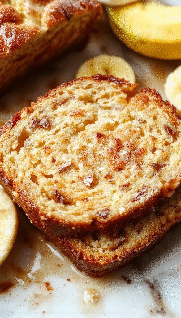 A sliced golden honey vanilla banana bread on a rustic wooden plate, showcasing its fluffy texture and swirls of vanilla and banana.