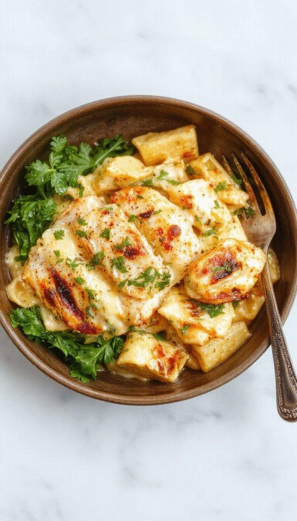 A plate of grilled chicken Alfredo pasta featuring tender grilled chicken slices atop creamy Alfredo sauce with fettuccine noodles, garnished with parsley.