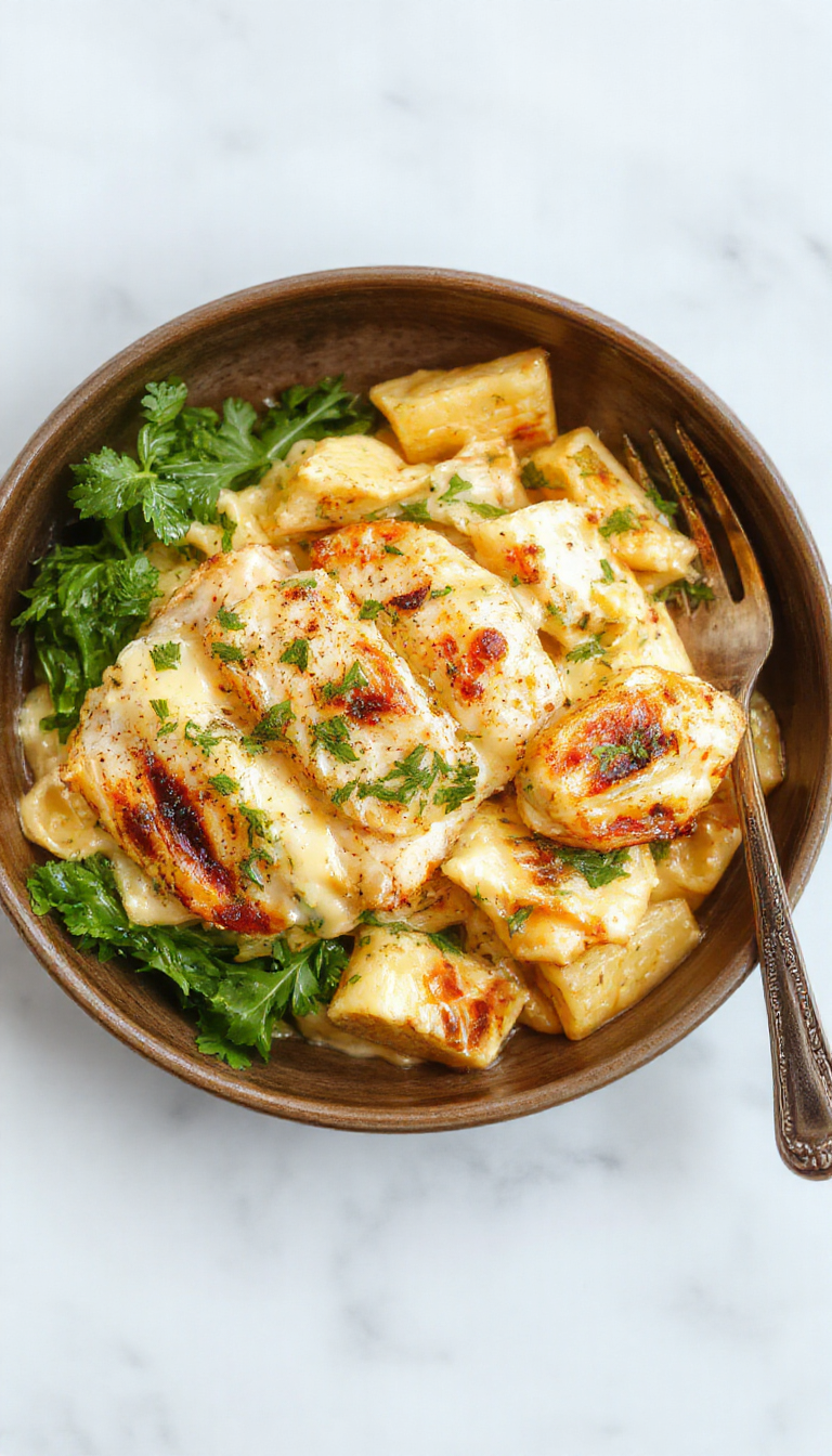 A plate of grilled chicken Alfredo pasta featuring tender grilled chicken slices atop creamy Alfredo sauce with fettuccine noodles, garnished with parsley.