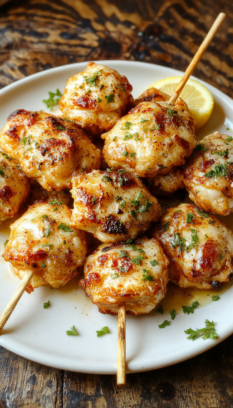 Colorful grilled chicken skewers glazed with golden garlic parmesan sauce, garnished with herbs and sliced lemons on a summer outdoor grill table.