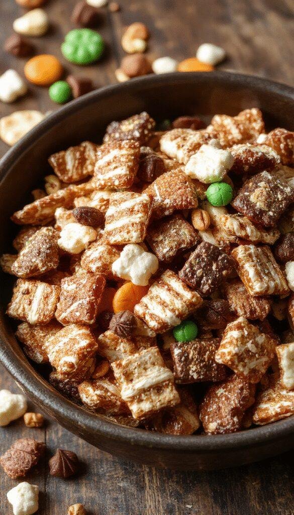 A spooky Halloween bowl filled with Haunted Harvest Munch Mix, featuring colorful candies, crunchy snacks, and creepy-themed decorations.