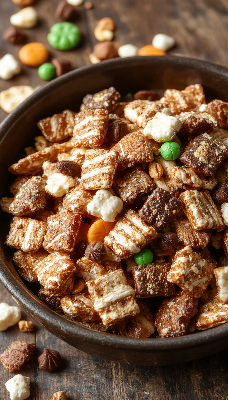 A spooky Halloween bowl filled with Haunted Harvest Munch Mix, featuring colorful candies, crunchy snacks, and creepy-themed decorations.