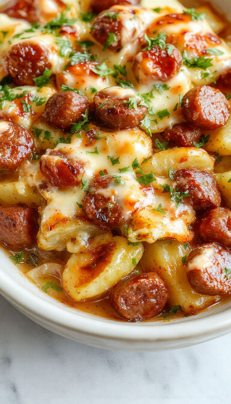 A baked dish featuring golden roasted potatoes topped with slices of sausage, drizzled with creamy ranch dressing and garnished with fresh herbs.