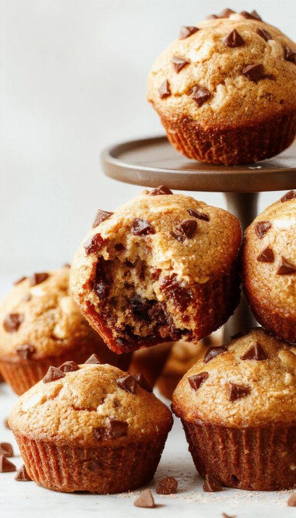 Golden banana muffins with melted chocolate chips, topped with a sprinkle of cinnamon and fresh banana slices on a rustic plate.