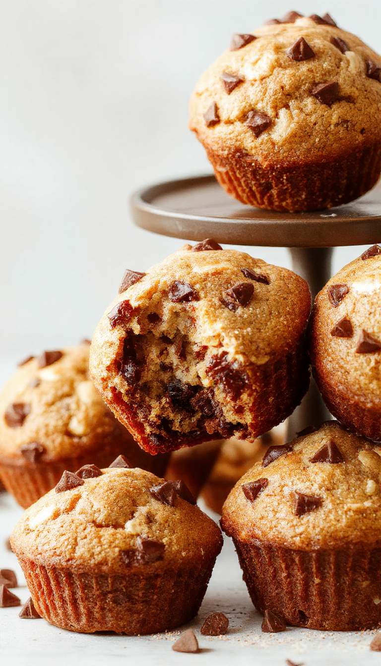 Golden banana muffins with melted chocolate chips, topped with a sprinkle of cinnamon and fresh banana slices on a rustic plate.