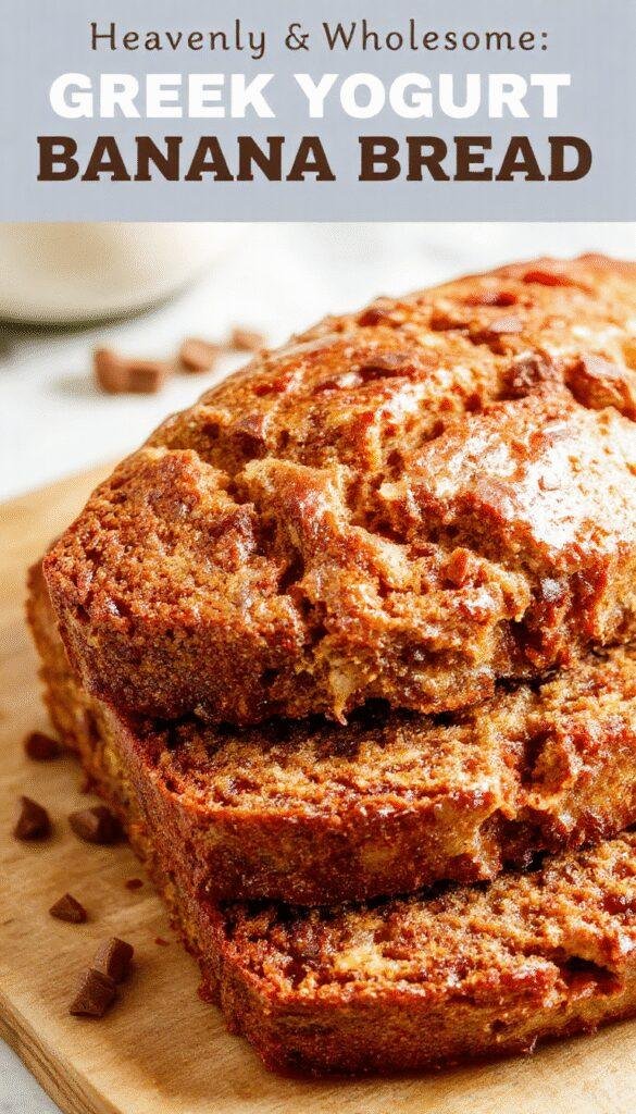 A slice of fluffy Greek yogurt banana bread on a rustic wooden plate, garnished with banana slices and a drizzle of honey.