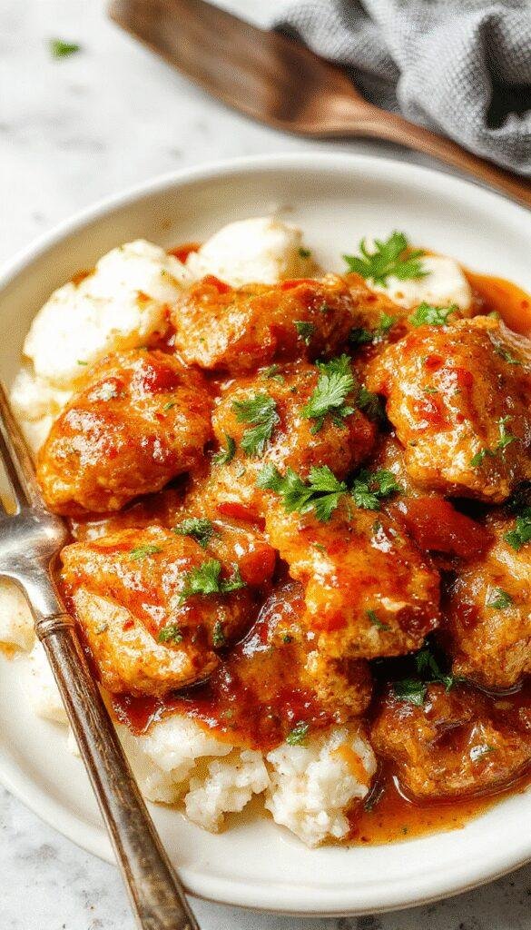 A close-up of homemade butter chicken served with steamed rice and fresh cilantro on a vibrant plate.