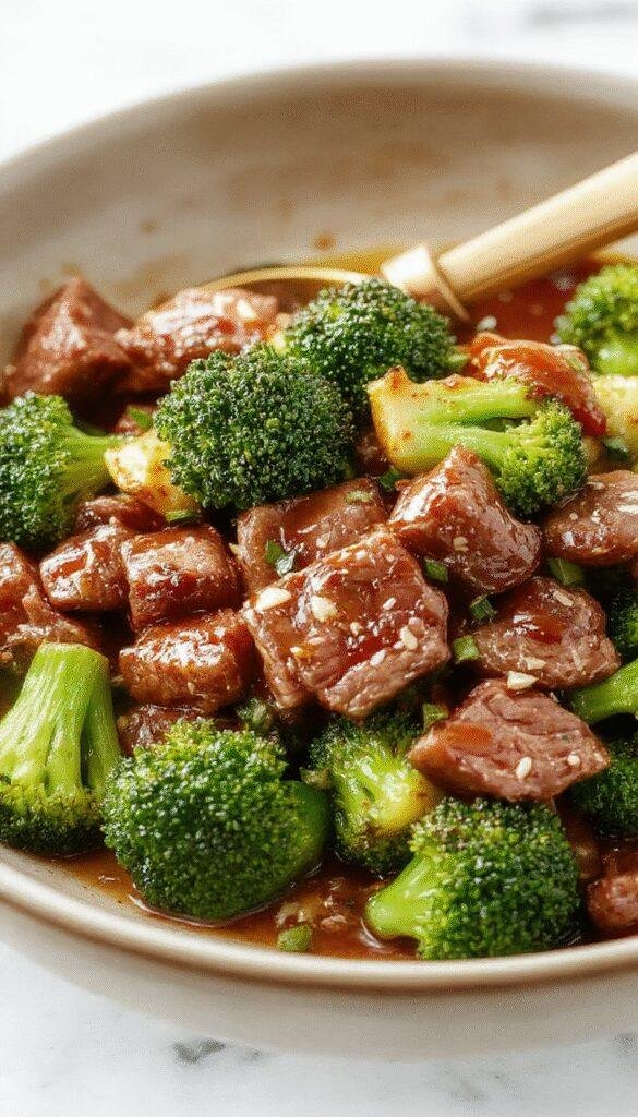 A sizzling skillet showcasing tender beef strips, vibrant broccoli florets, and a glossy honey garlic sauce drizzled over the ingredients, garnished with sesame seeds and scallions.