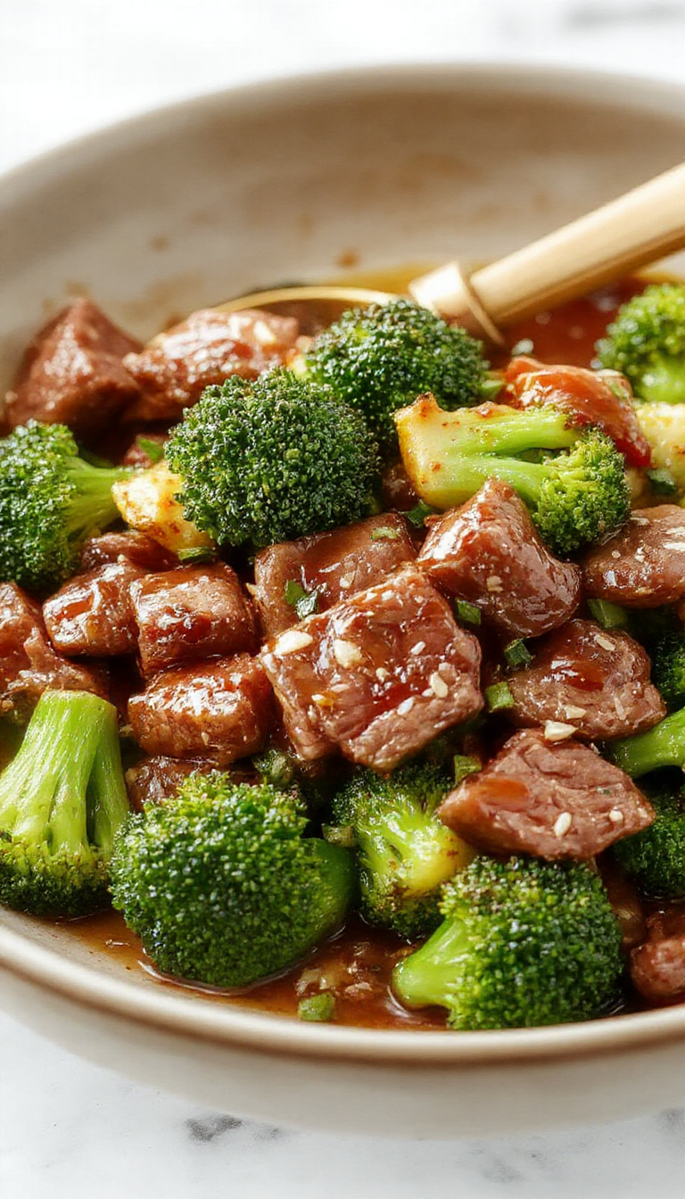 A sizzling skillet showcasing tender beef strips, vibrant broccoli florets, and a glossy honey garlic sauce drizzled over the ingredients, garnished with sesame seeds and scallions.