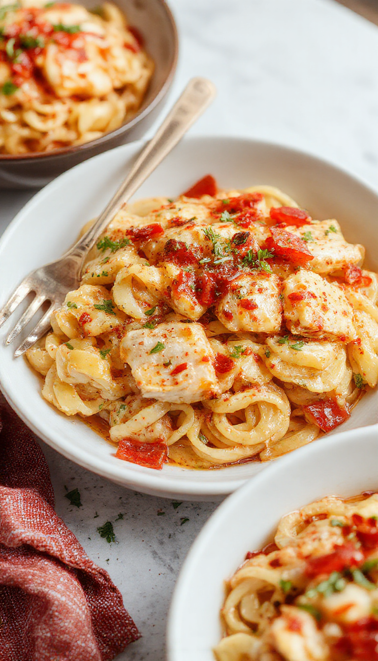 A plate of Honey Pepper Chicken Pasta topped with fresh herbs, featuring tender chicken, twisted pasta, and a glossy honey-pepper sauce.