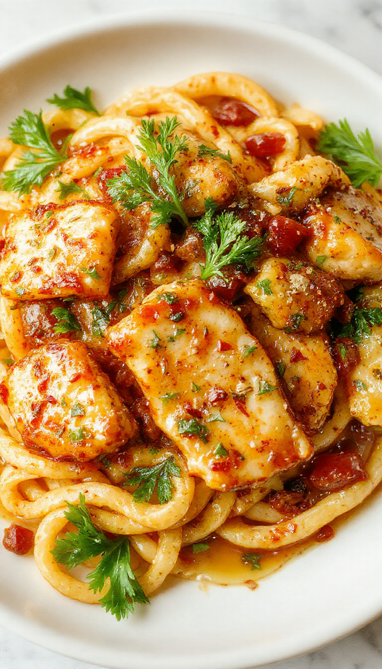 A plate of Honey Pepper Chicken Pasta featuring tender chicken pieces coated in honey and pepper, served over al dente pasta with garnish.