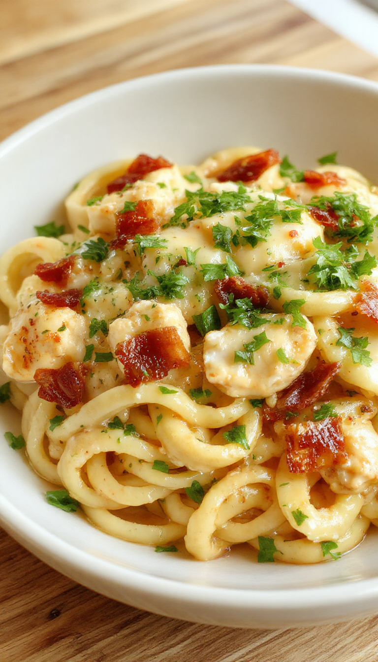 A delicious bowl of creamy chicken bacon ranch pasta garnished with herbs, showcasing tender pasta, crispy bacon, and flavorful chicken in a rich sauce.