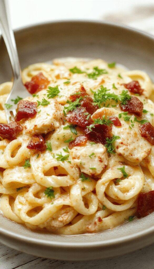 A plate of creamy chicken bacon ranch pasta garnished with fresh herbs, showcasing tender chicken pieces, crispy bacon, and a rich sauce.