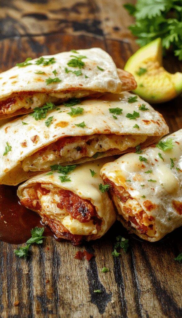 A close-up of cheesy garlic chicken wraps sliced in half, revealing melted cheese, seasoned chicken, and fresh greens inside a soft tortilla.