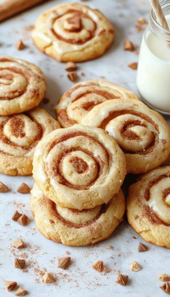 Close-up of golden cinnamon swirl cookies with a gooey cinnamon filling, arranged on a rustic wooden platter.