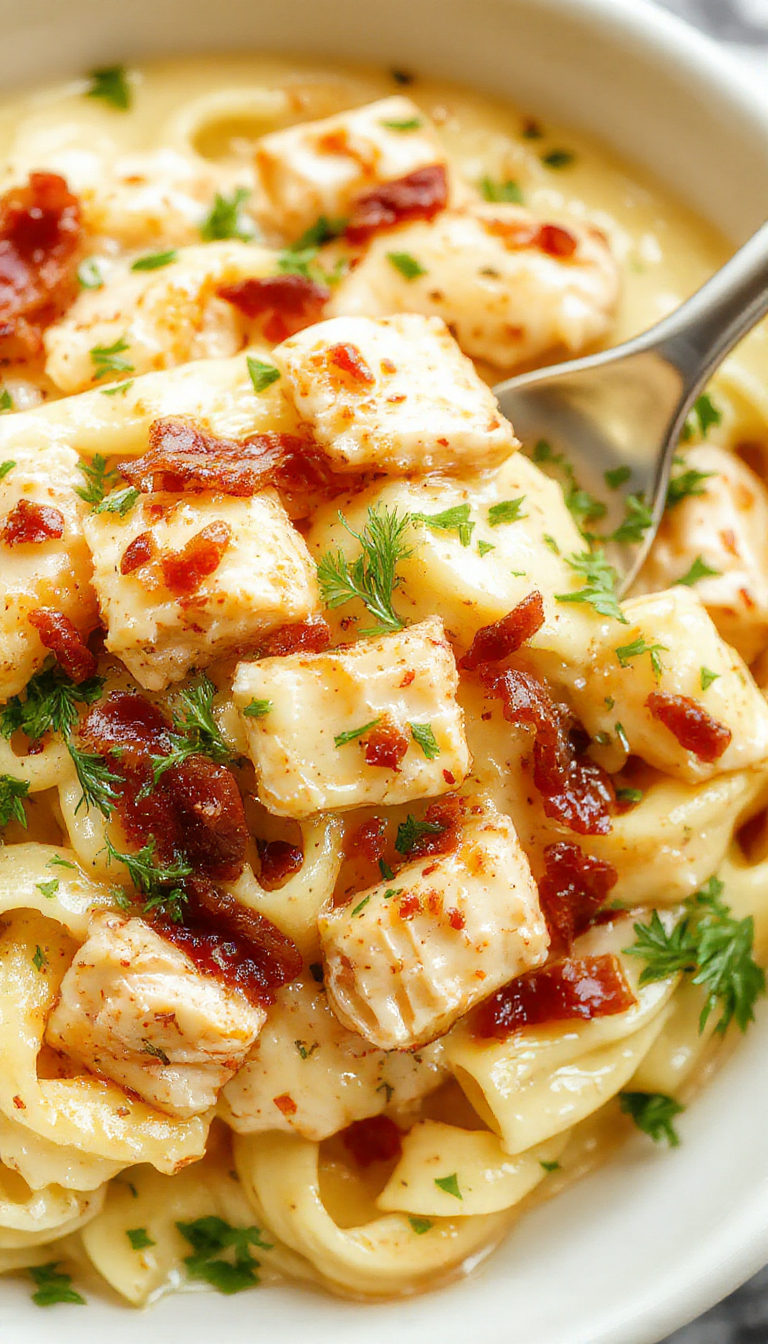 A plate of creamy chicken bacon ranch pasta topped with fresh herbs, showcasing tender chicken, crispy bacon, and rich sauce on a rustic wooden table.
