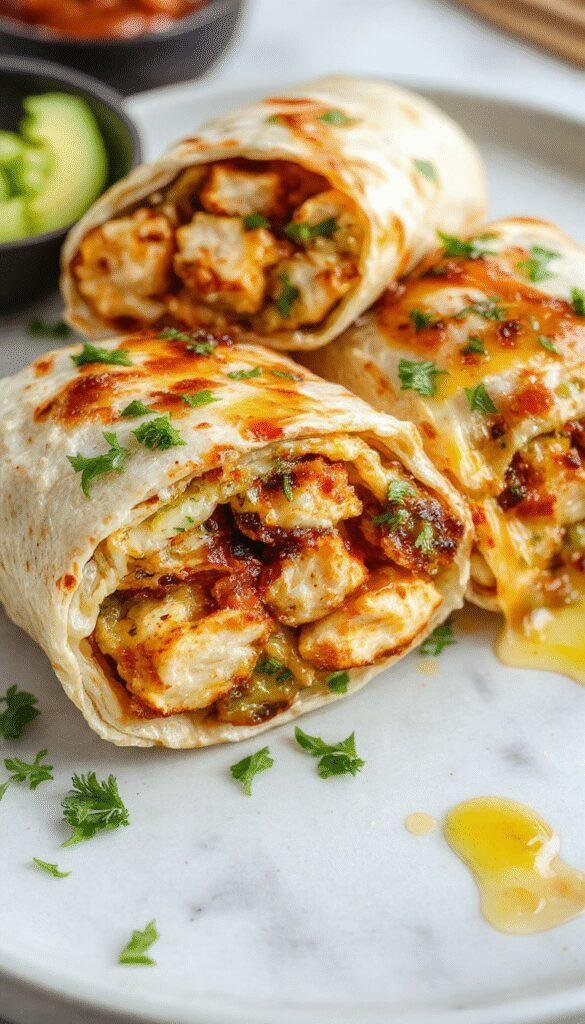 Close-up of steaming garlic chicken wraps sliced open to reveal tender chicken, melted cheese, and crispy lettuce inside soft tortillas.