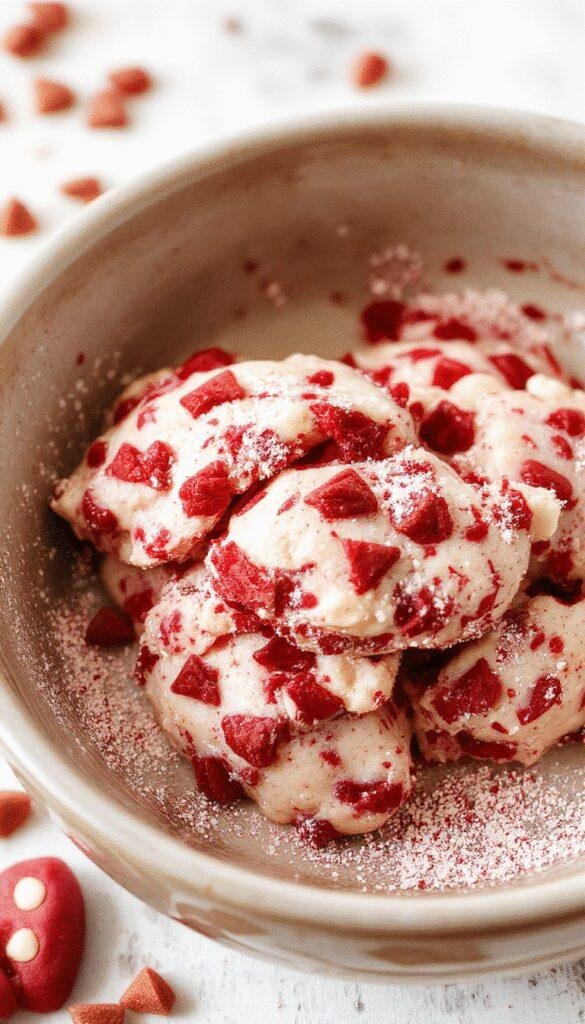 A tempting plate of No-Bake Red Velvet Cookie Dough Delight with vibrant red cookies topped with creamy frosting and sprinkles, ready to enjoy.