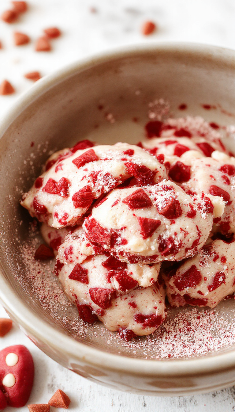 A tempting plate of No-Bake Red Velvet Cookie Dough Delight with vibrant red cookies topped with creamy frosting and sprinkles, ready to enjoy.