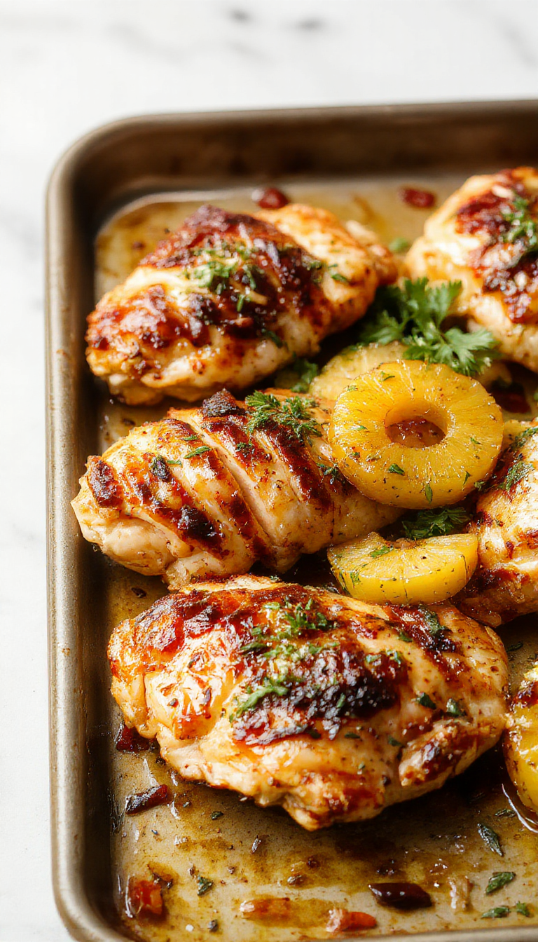Colorful sheet pan chicken dish featuring juicy pineapple chunks, vibrant bell peppers, and seasoned chicken breasts on a baking sheet.