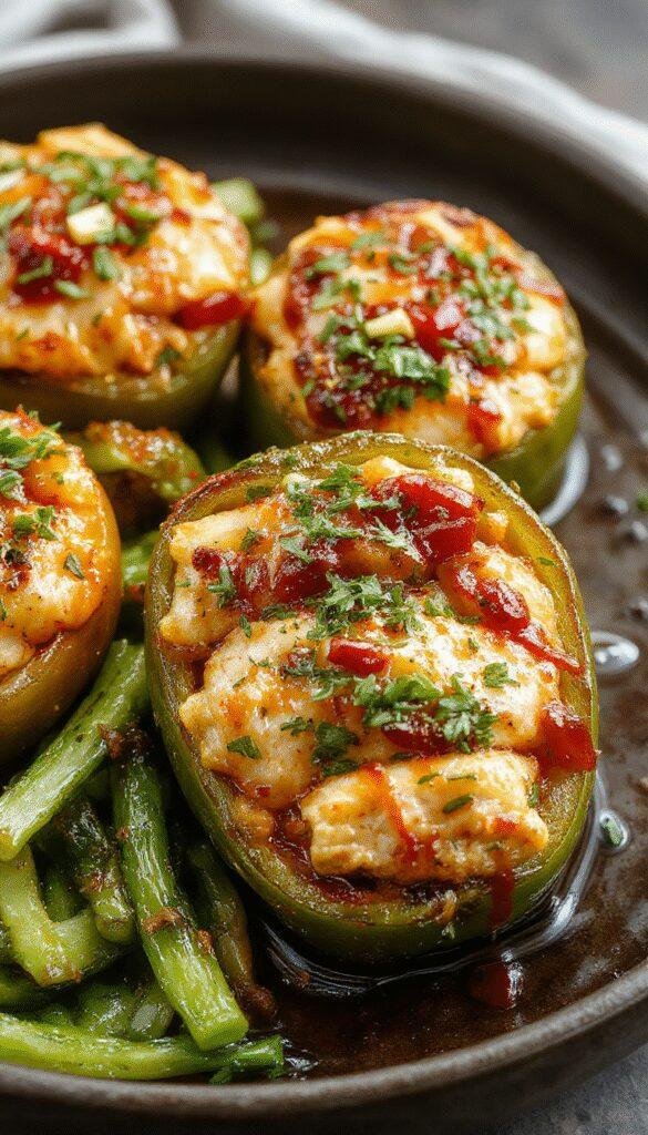 Colorful bell peppers stuffed with glazed teriyaki chicken, garnished with sesame seeds and chopped green onions, set against a tropical backdrop.