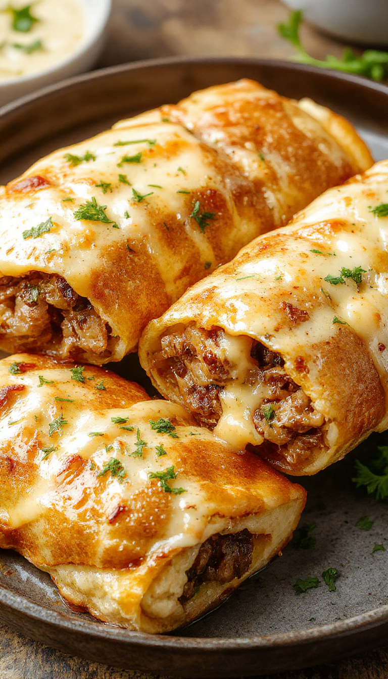 Golden keto Philly cheesesteak rolls sliced open to reveal tender beef, melted cheese, and fresh peppers inside a crispy roll