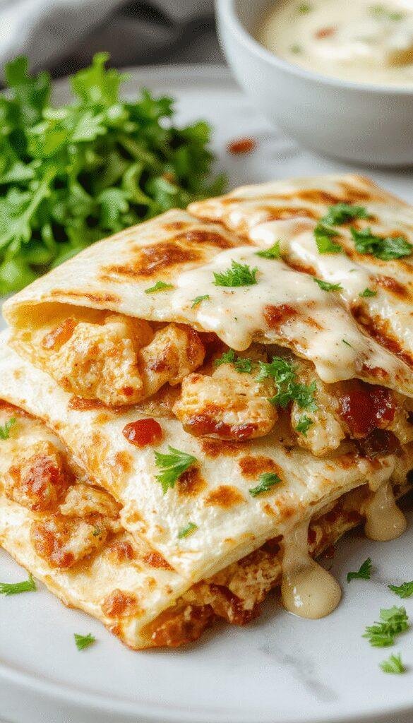 A sizzling quesadilla filled with crispy bacon, tender chicken, and melted cheese, drizzled with ranch sauce on a hot skillet.