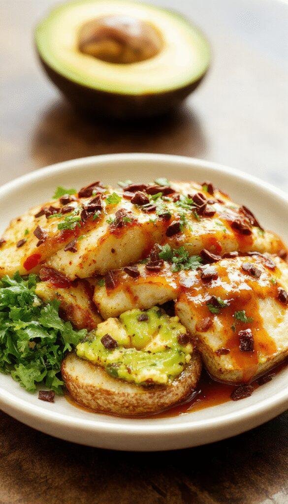 A vibrant loaded potato taco bowl topped with sour cream, shredded cheese, green onions, and crispy bacon pieces, served in a rustic bowl.