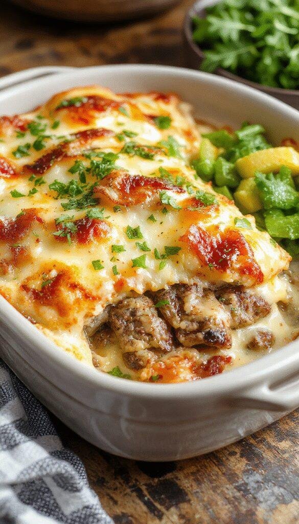 A savory low-carb bacon cheeseburger bake in a casserole dish, topped with crispy bacon, melted cheese, and fresh herbs