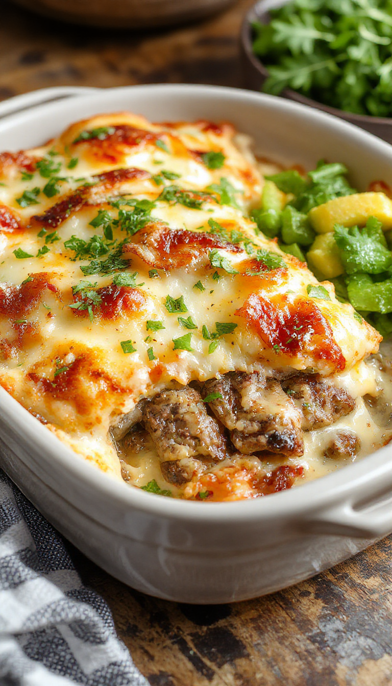 A savory low-carb bacon cheeseburger bake in a casserole dish, topped with crispy bacon, melted cheese, and fresh herbs
